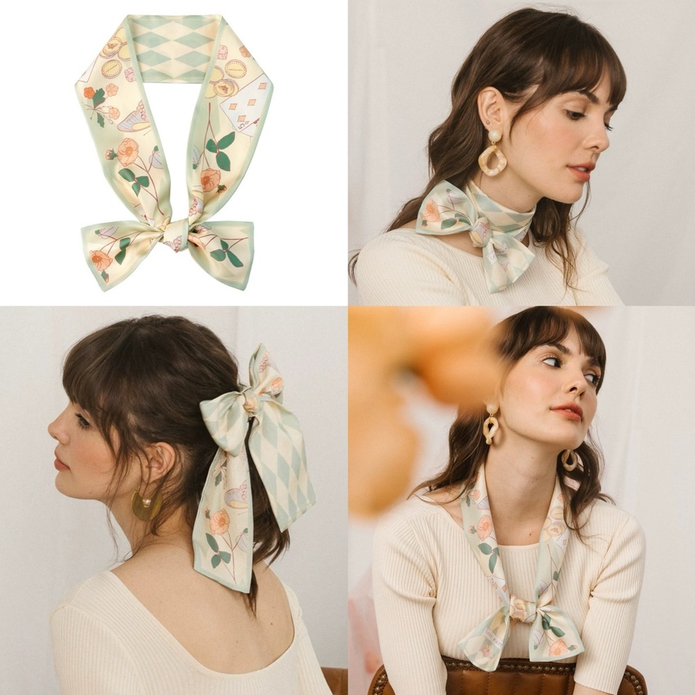 Playing Cards & Floral Print Twilly Scarf Silk Grass Green Double-Sided Spring